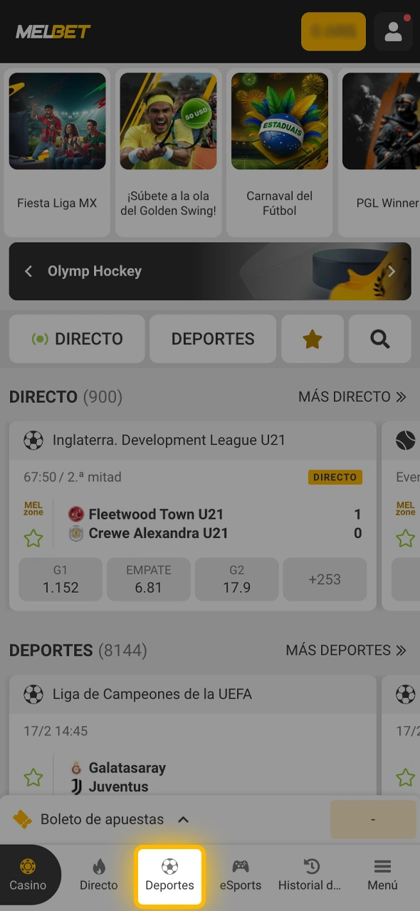 Navegá por el catálogo de Melbet y buscá el evento deportivo donde quieras realizar tu pronóstico.