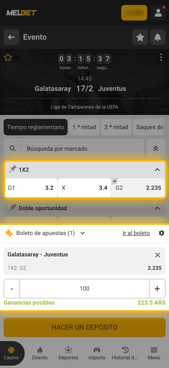 Seleccioná tu jugada, definí la cantidad de dinero en el boleto de Melbet y validá la operación.