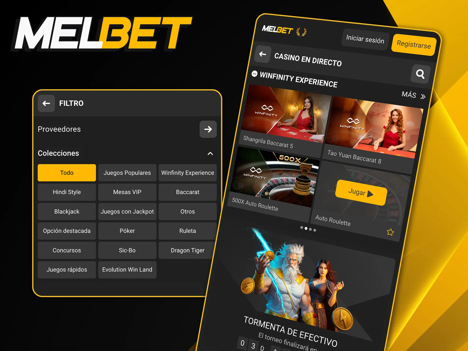 Explorá el catálogo de juegos de azar y mesas con crupier real disponibles en la aplicación Melbet.