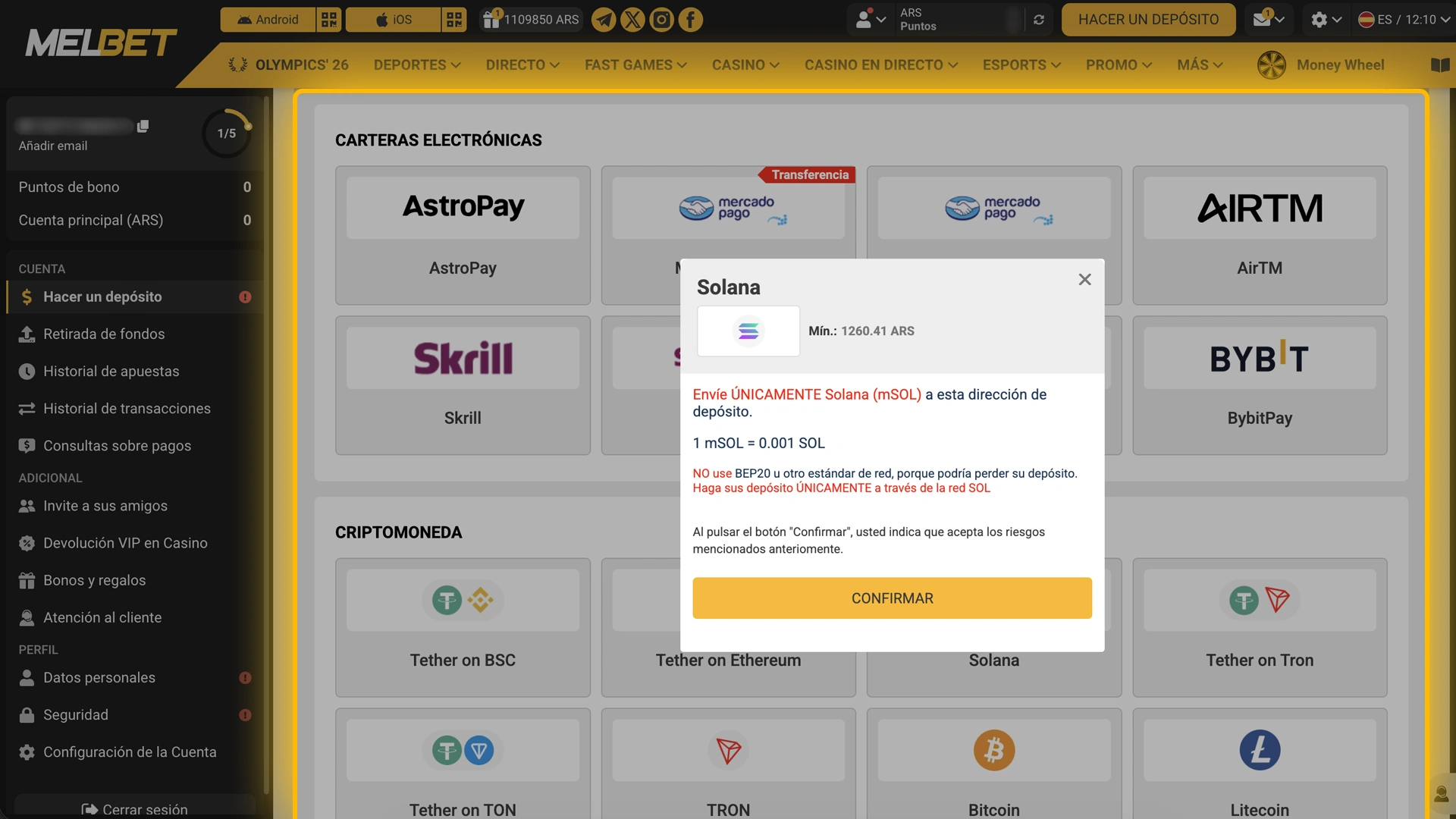 Cargá crédito en tu cuenta de Melbet para tener saldo disponible en Aviator.