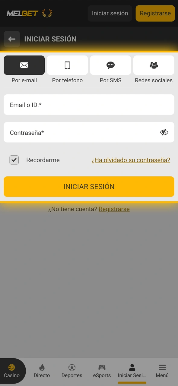 Cargá tus datos de usuario de Melbet para acceder a tu perfil y saldo.