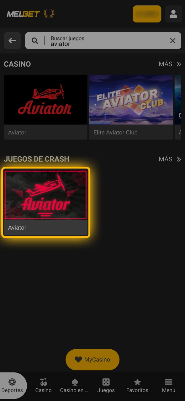 Buscá el ícono de Aviator dentro de la oferta de juegos de Melbet para empezar a volar.