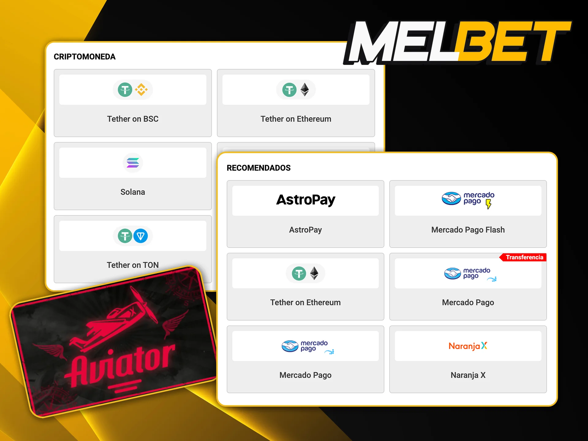 Usá medios de pago locales para fondear tu cuenta de Melbet y jugar al Aviator.