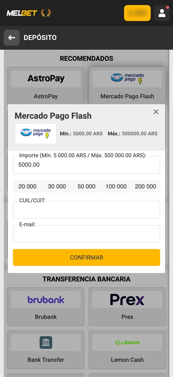 Realizá una carga de fondos inicial para disparar la activación de tus bonos de Melbet.