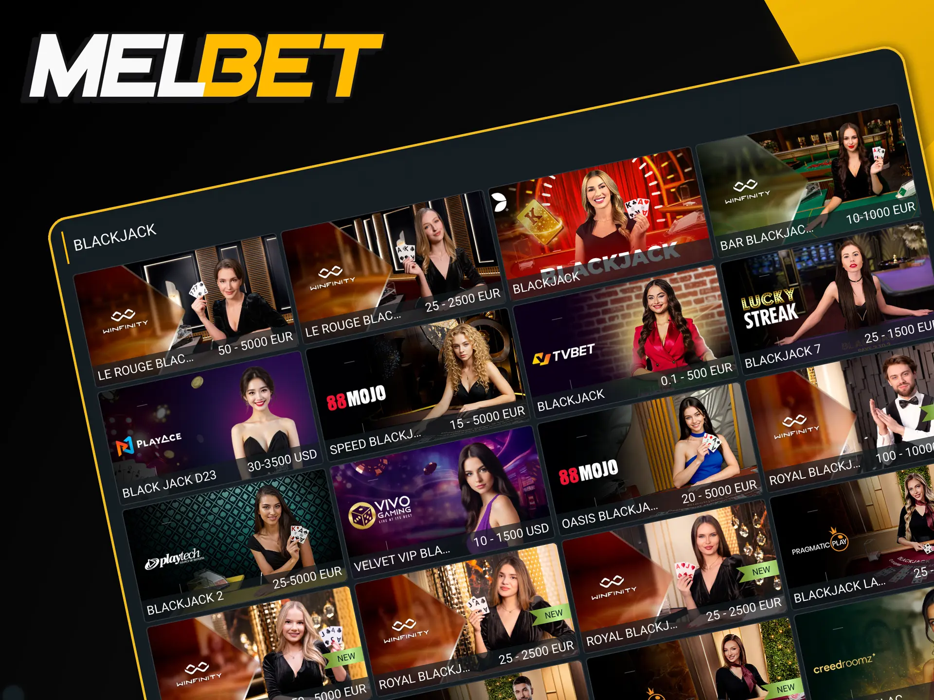 Desafiá al crupier en las mesas de blackjack de Melbet y buscá el 21 en tiempo real.