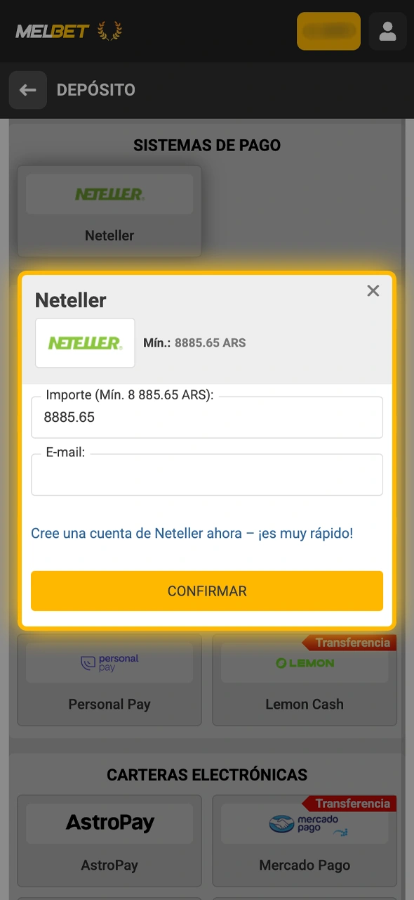 Ingresá ARS a tu cuenta de Melbet mediante los medios de pago disponibles.