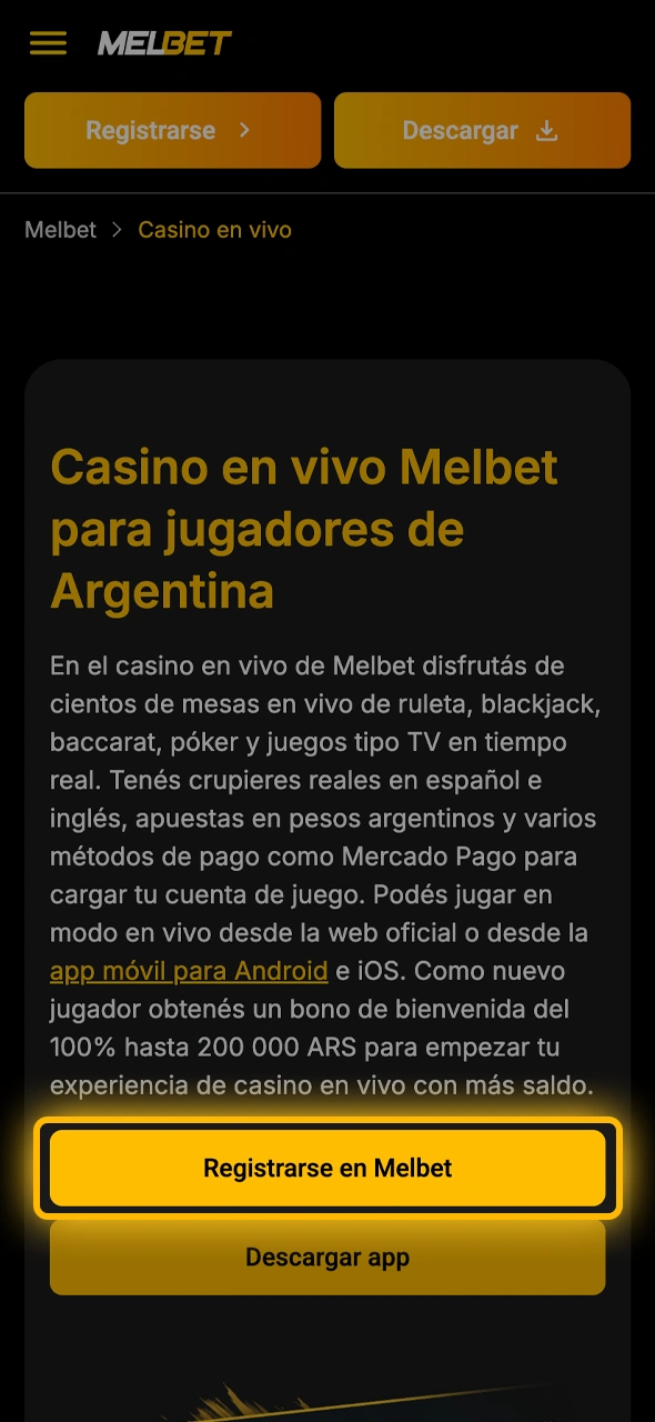 Creá tu perfil de jugador oficial en la plataforma de Melbet.