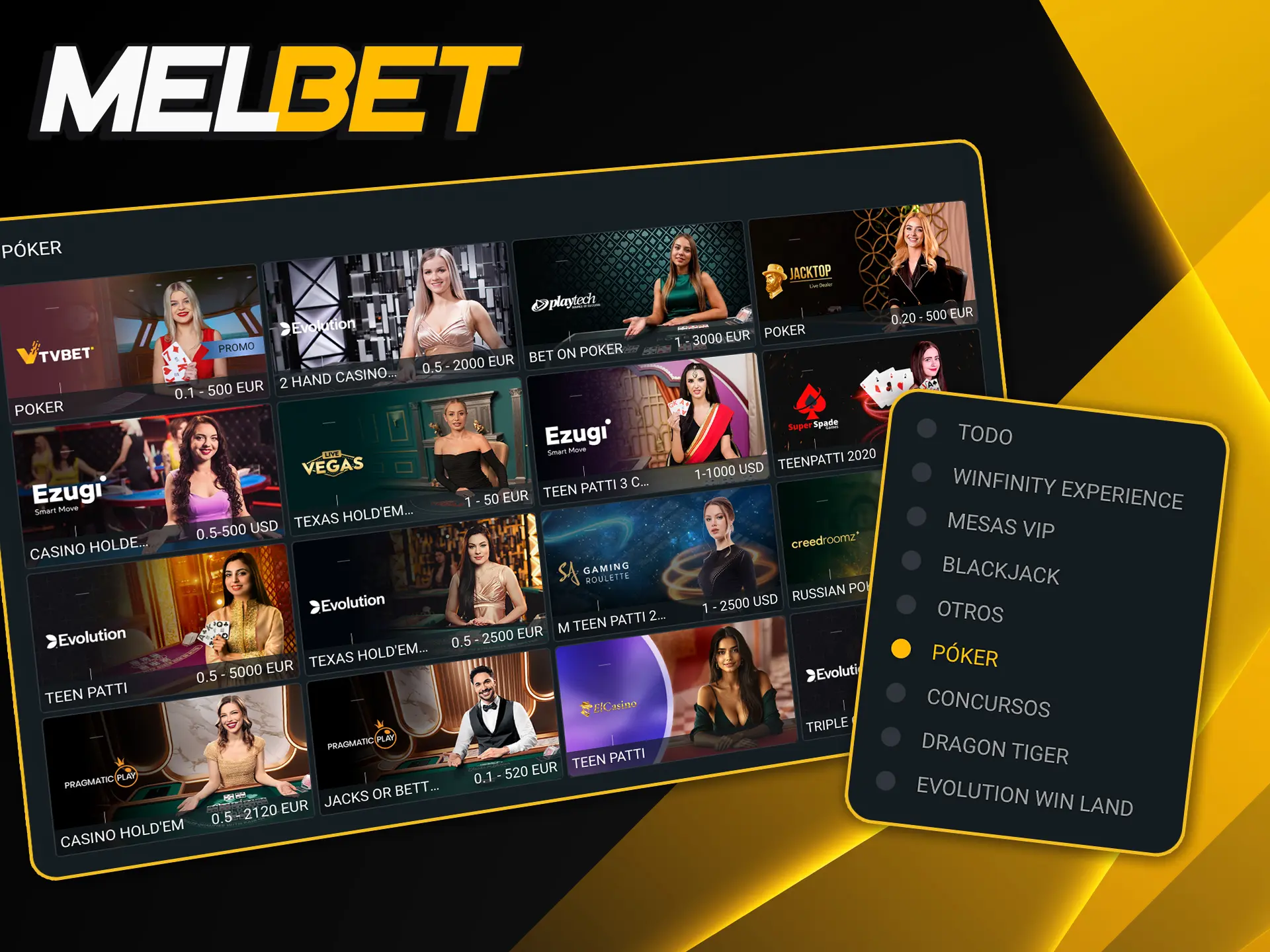 Demostrá tu habilidad en las salas de póker en vivo de Melbet contra otros jugadores.