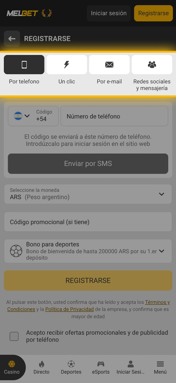 Seleccioná el método de alta que prefieras y completá el formulario inicial de Melbet.