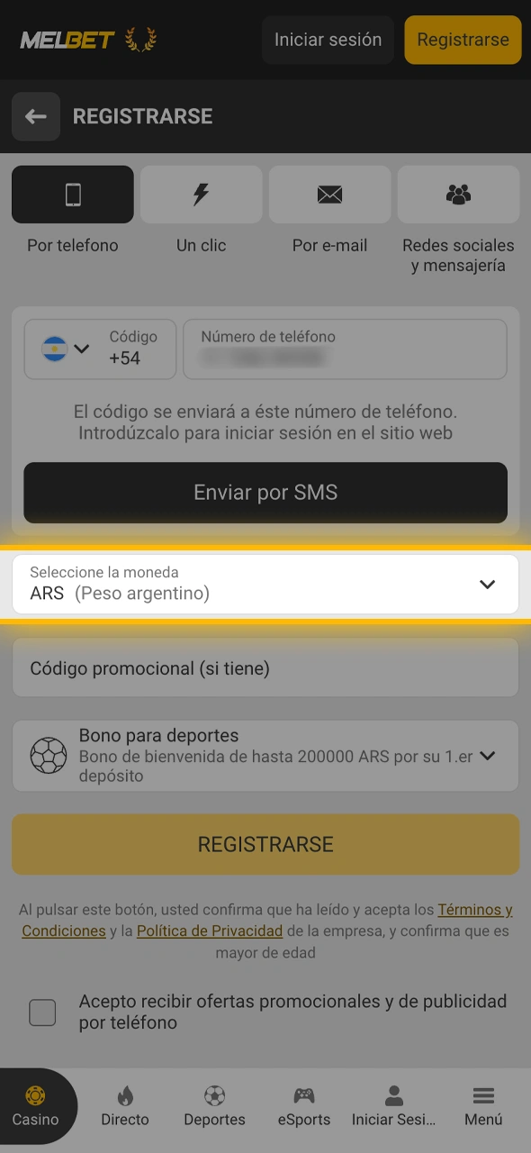 Configurá tu ubicación y elegí pesos argentinos (ARS) como divisa principal en Melbet.
