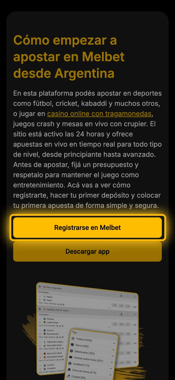 Usá el enlace directo para entrar de forma segura a la web de Melbet Argentina.