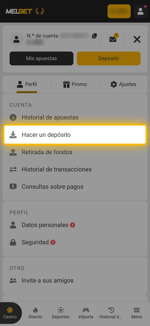 Localizá el botón de carga de saldo en el menú principal de la plataforma Melbet.