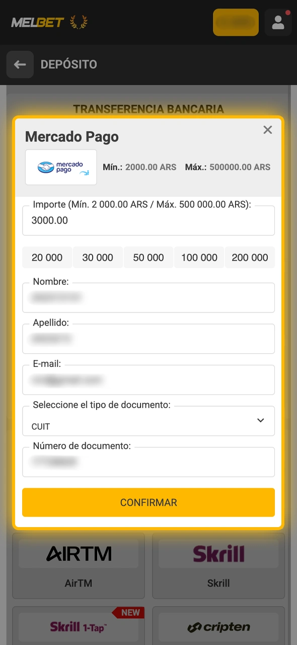 Validá la operación y aguardá a que el saldo se refleje en tu cuenta de Melbet Argentina.