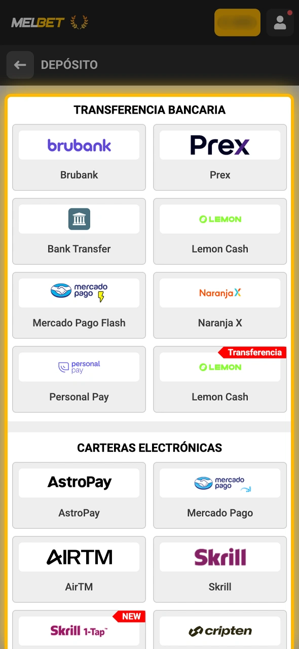Seleccioná entre opciones como Mercado Pago, transferencia o efectivo, e indicá cuánto cargar en Melbet.