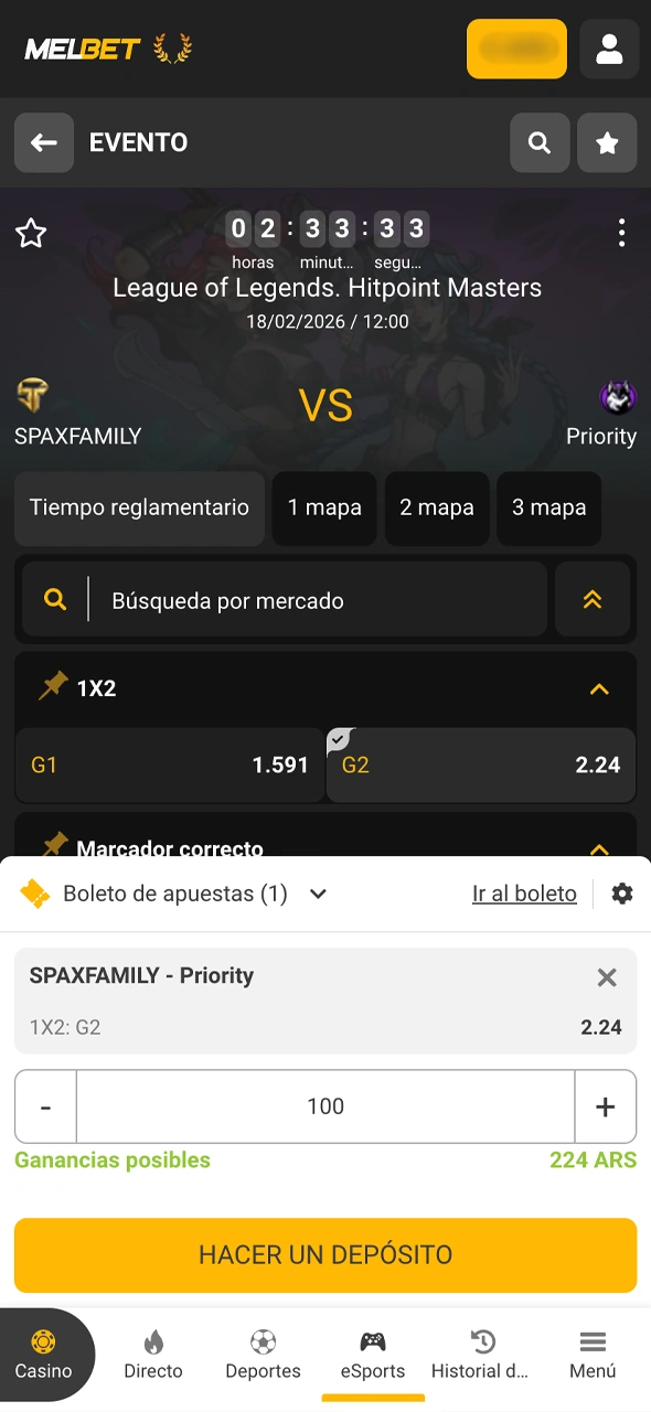 Seleccioná tu jugada en títulos como LoL, CS2 o Dota 2 y confirmá la transacción en la app de Melbet.