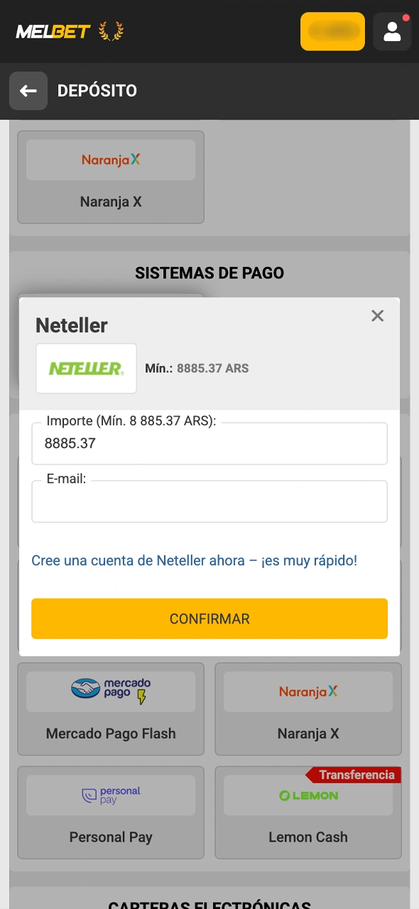 Cargá saldo en pesos argentinos a través de la aplicación móvil de Melbet para empezar a jugar.