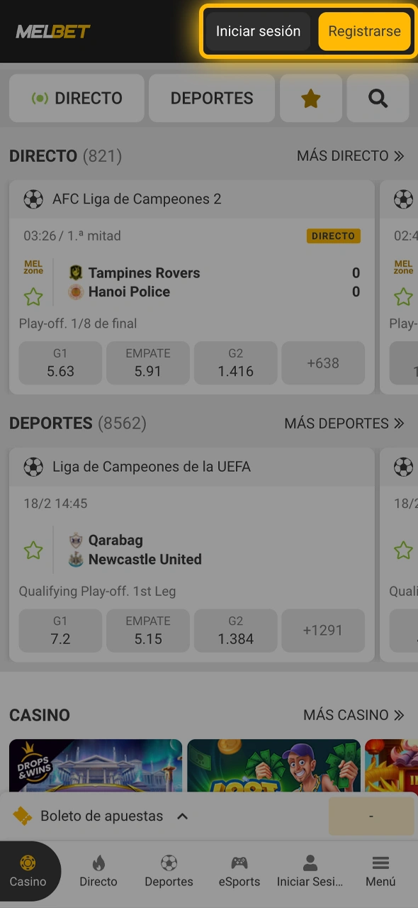 Accedé con tus credenciales existentes o abrí una cuenta nueva directamente desde la app de Melbet.