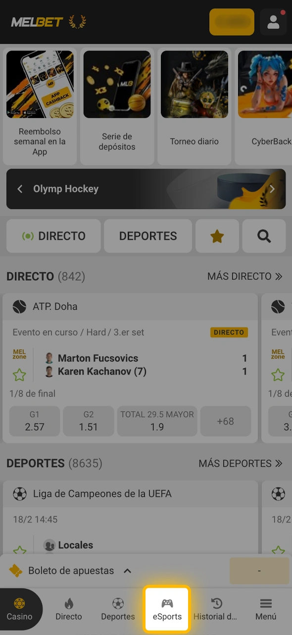 Localizá la categoría de deportes electrónicos en la interfaz táctil de la aplicación Melbet.