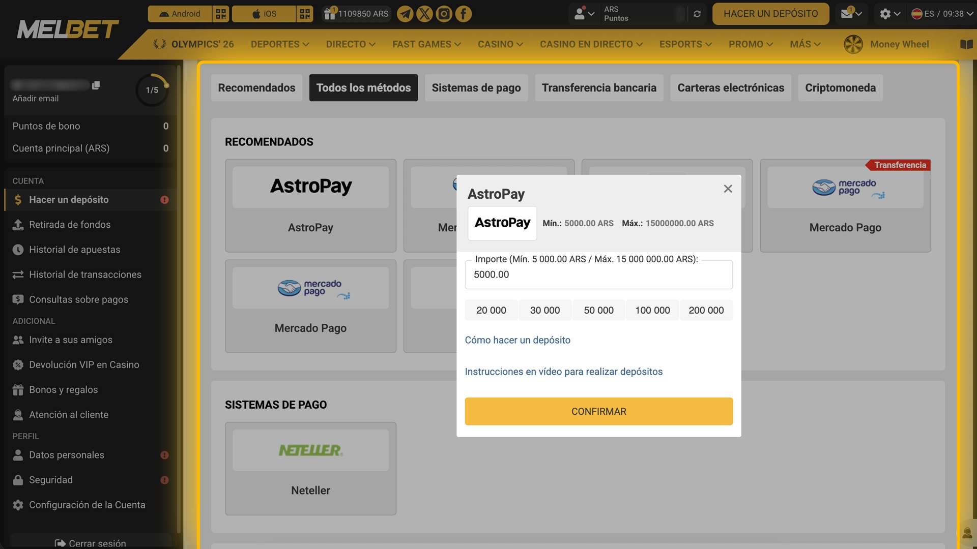Seleccioná una opción de carga de saldo cómoda, como billeteras virtuales, para operar en Melbet.