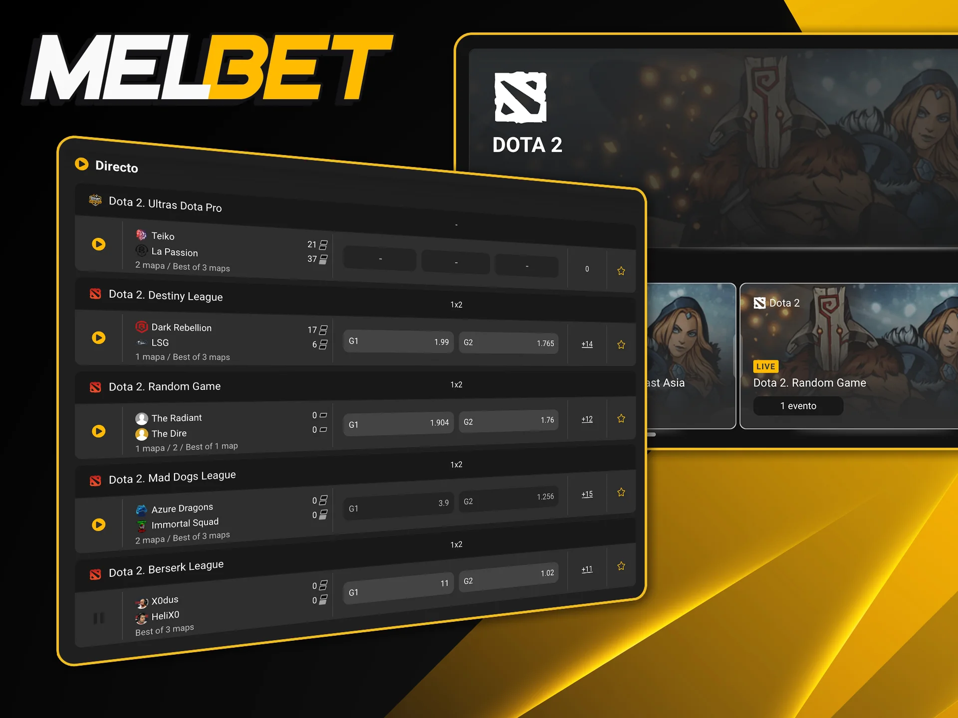 Realizá tus apuestas en Dota 2 con Melbet, cubriendo desde ganadores de mapa hasta las mejores ligas mundiales.