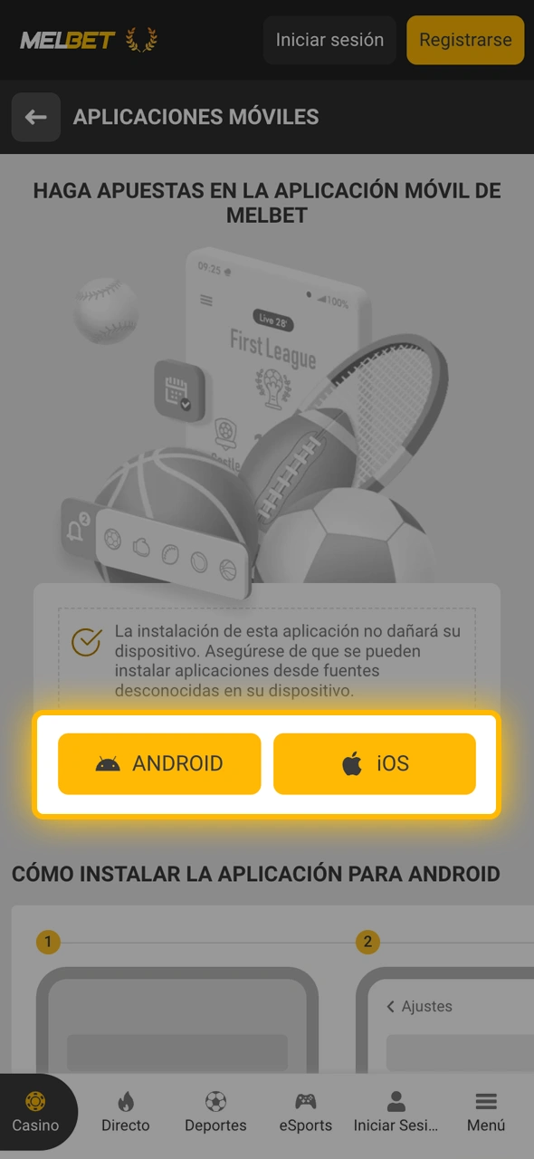 Seleccioná la versión de Melbet correspondiente a Android o iOS.
