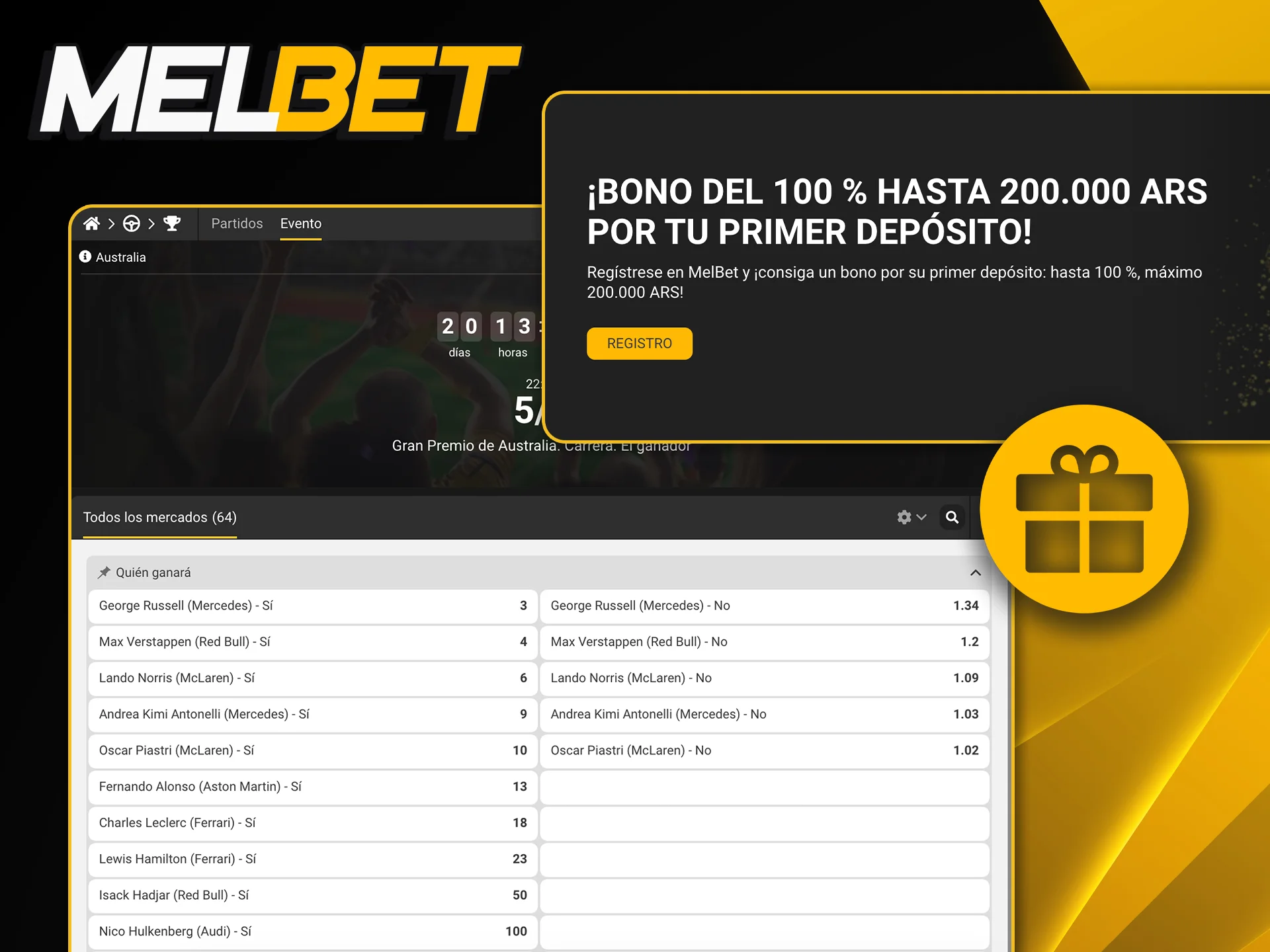 Usá el bono de Melbet Argentina para tus apuestas en los Grandes Premios de la temporada de F1.