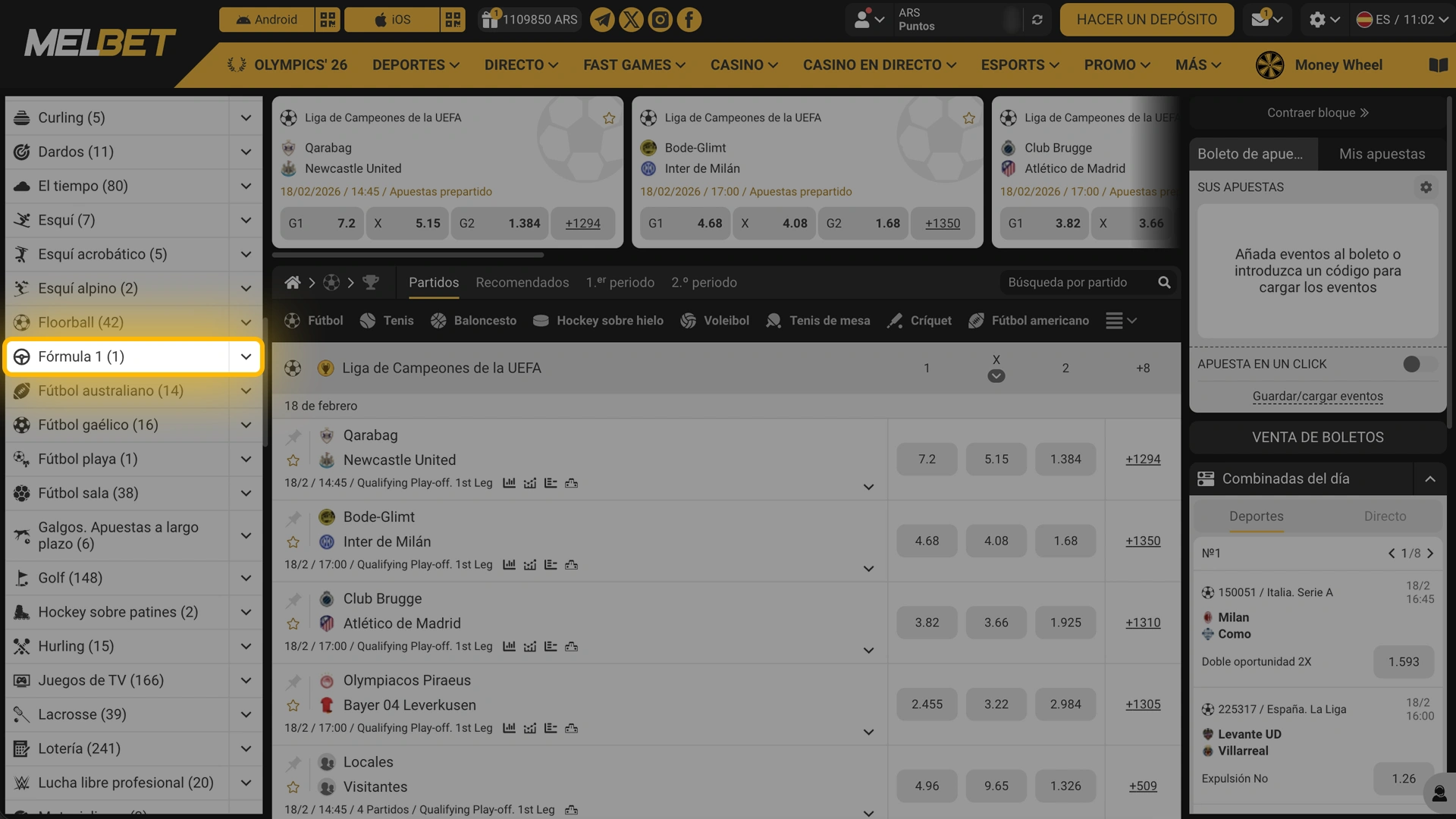 Buscá la categoría de automovilismo en el menú de deportes de Melbet.