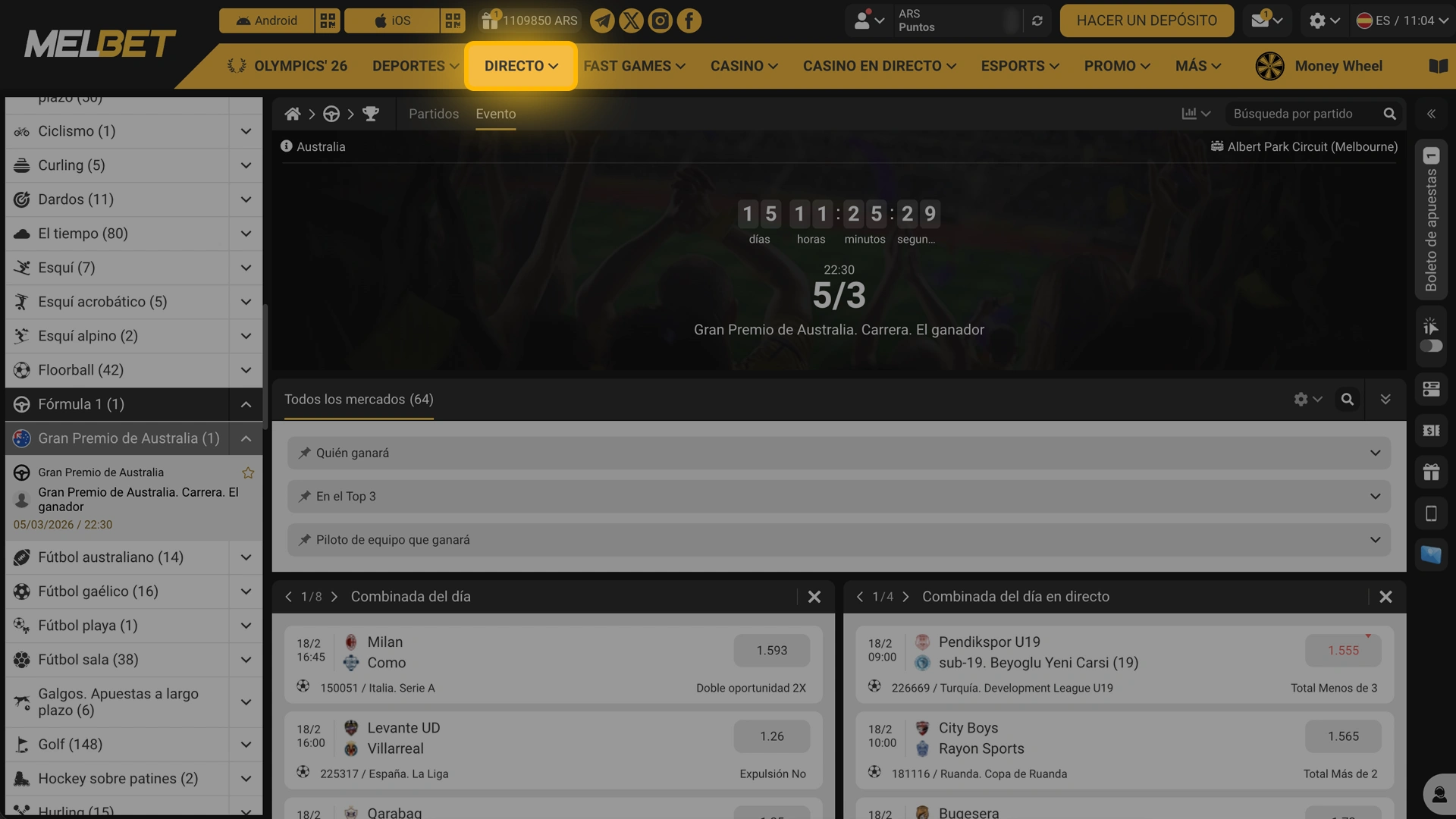 Monitorizá los resultados del Gran Premio en tiempo real desde Melbet.