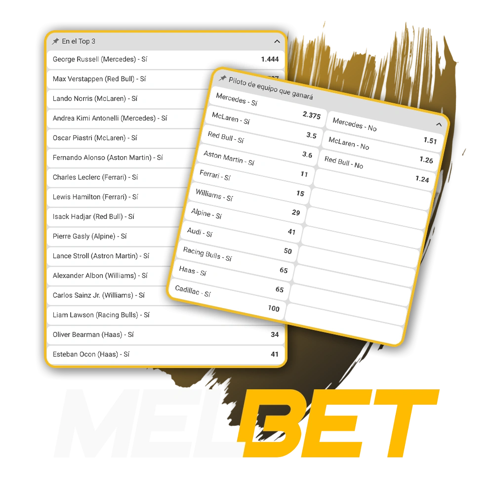 Accedé a la sección de Fórmula 1 en Melbet para apostar por los mejores pilotos y escuderías.