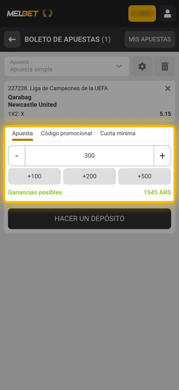 Indicá la cantidad de dinero a apostar y procesá tu jugada en Melbet.