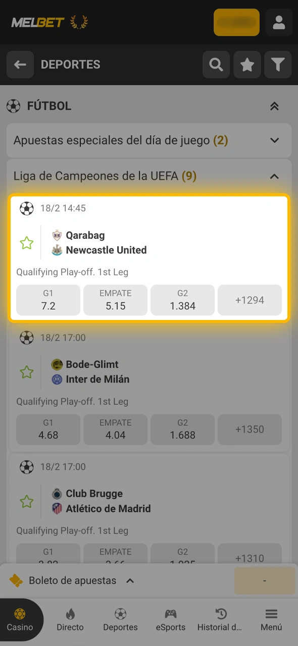 Explorá la oferta de Melbet y seleccioná el encuentro futbolístico de tu interés.