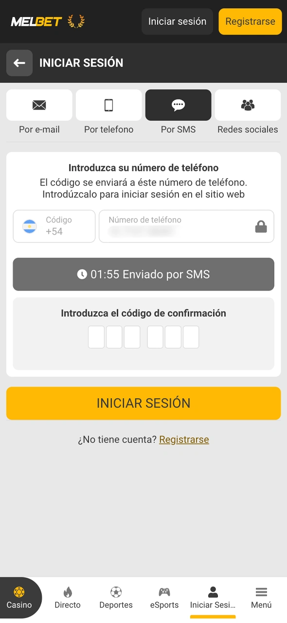 Accedé con tus datos personales al panel de control de tu cuenta Melbet.