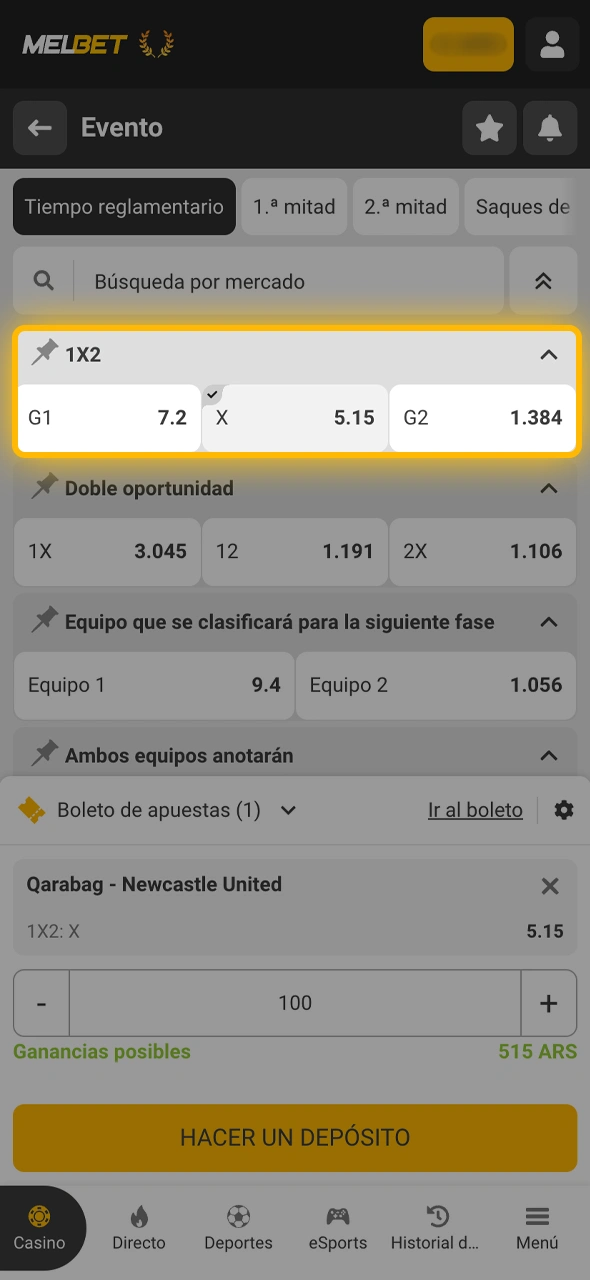 Elegí entre resultado final, total de goles o córners dentro de las opciones de Melbet.