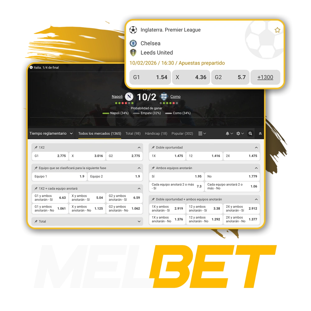 Navegá por las ligas de fútbol de todo el mundo y encontrá tu partido ideal en el header de Melbet.