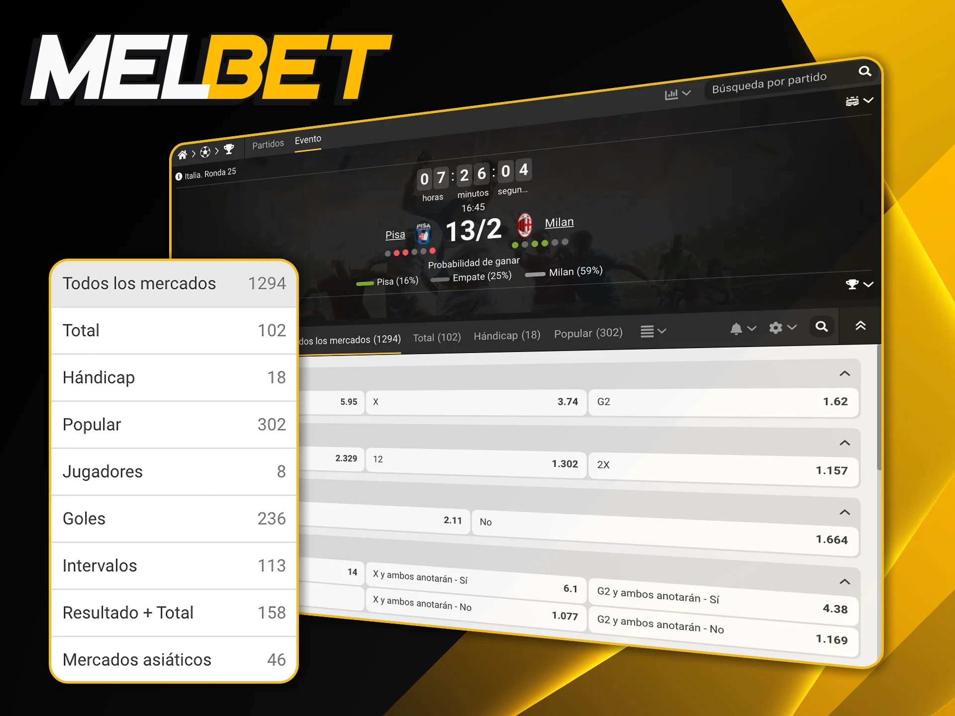 Explorá los mercados de Melbet: desde resultado final y goles hasta córners y apuestas a largo plazo.