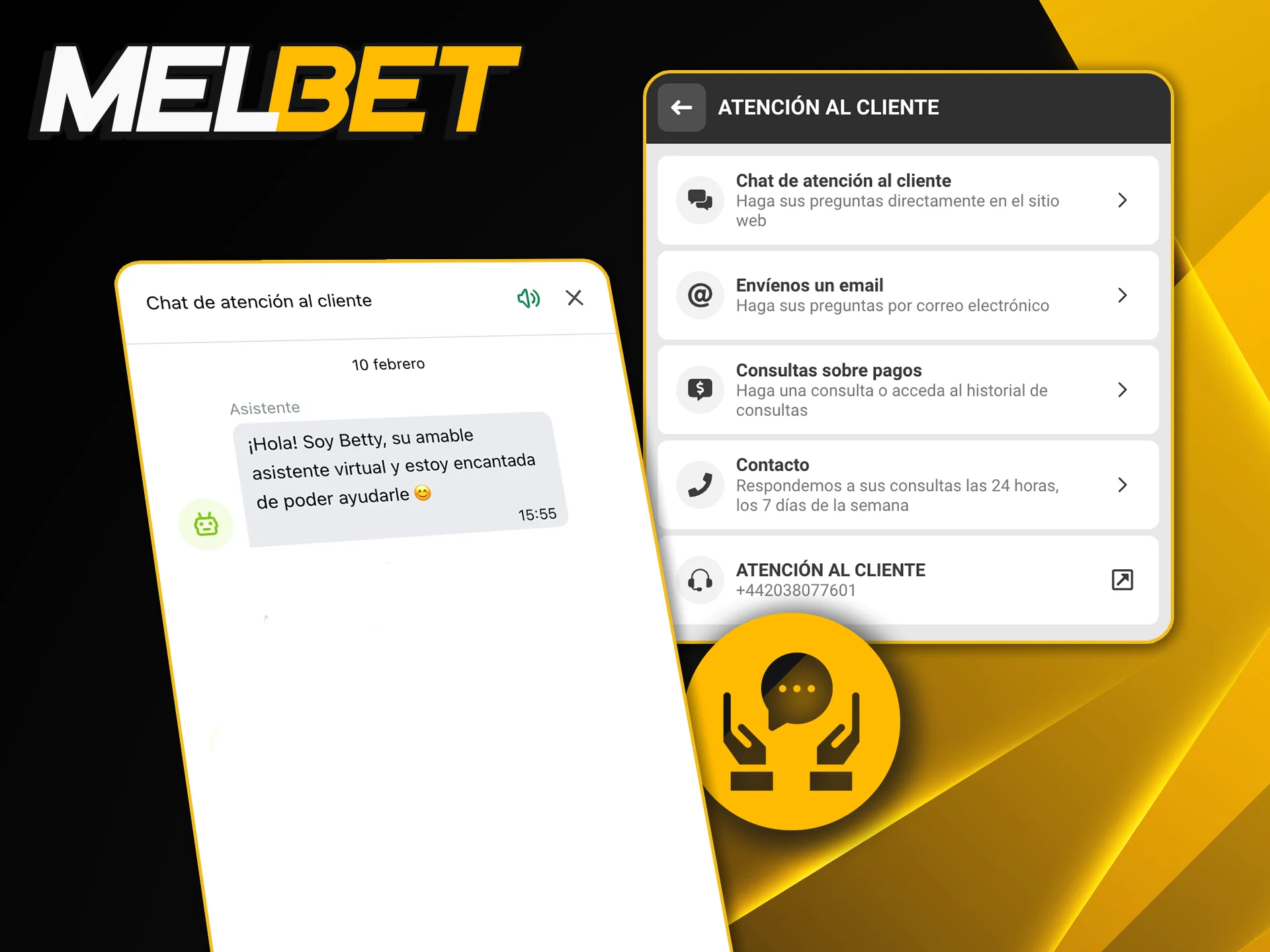 Accedé al chat en vivo y al soporte técnico de Melbet desde la sección de ayuda de la aplicación.