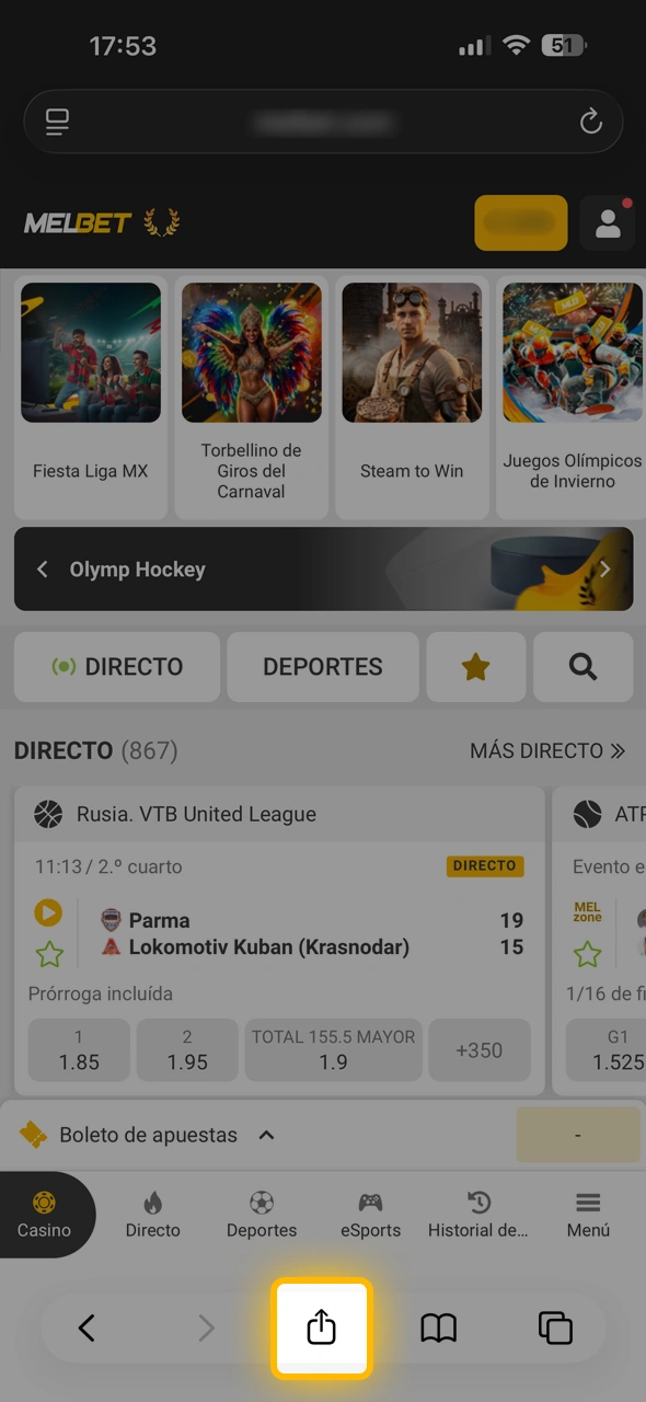 Localizá la opción de compartir en tu navegador para añadir el acceso de Melbet a tu escritorio.