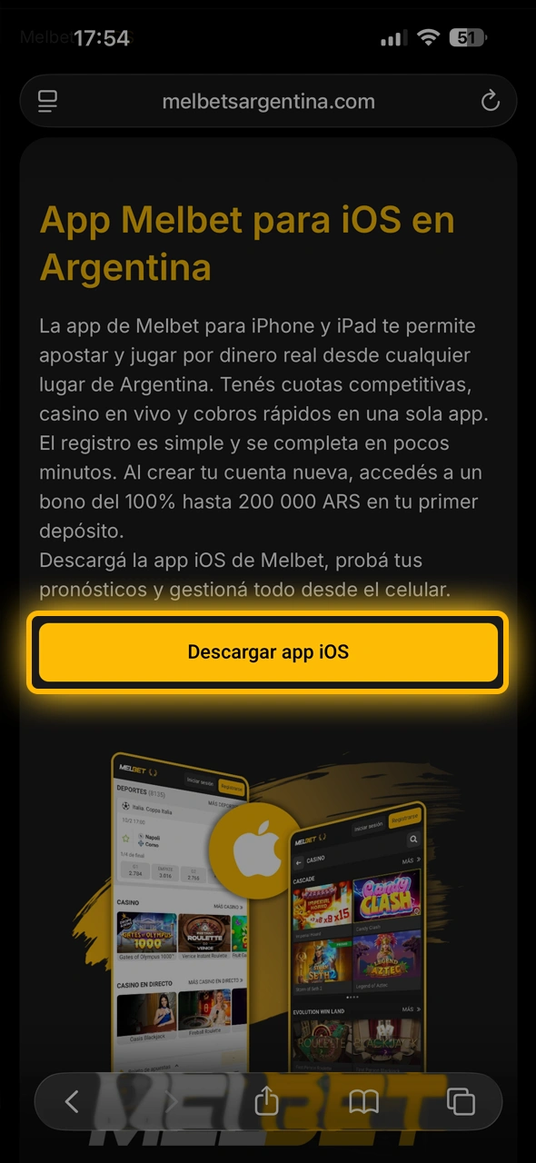 Usá el enlace de descarga directa de Melbet para iniciar el proceso en tu iPhone.