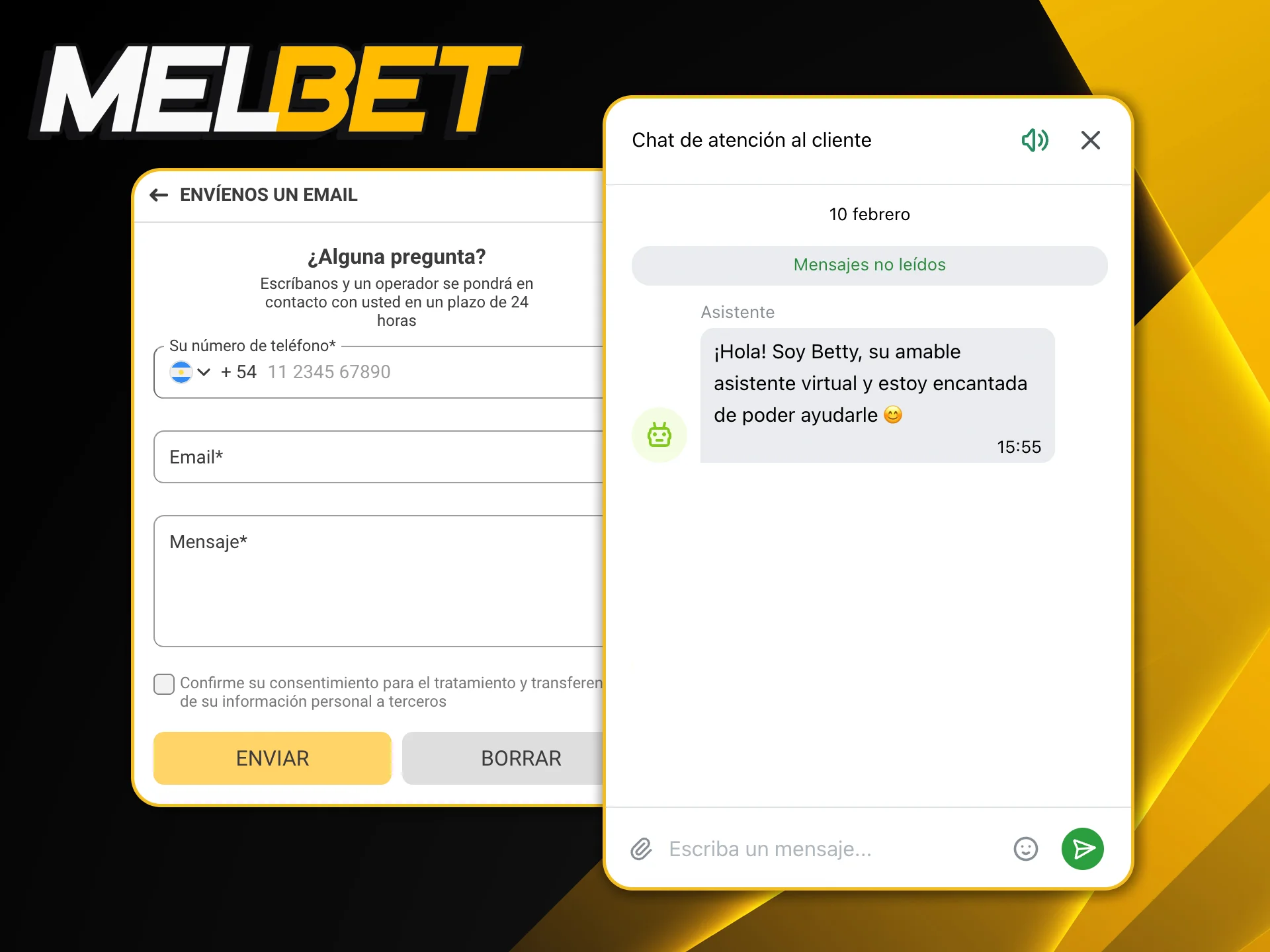 Canales de comunicación disponibles como chat en vivo y mail para resolver dudas en Melbet.