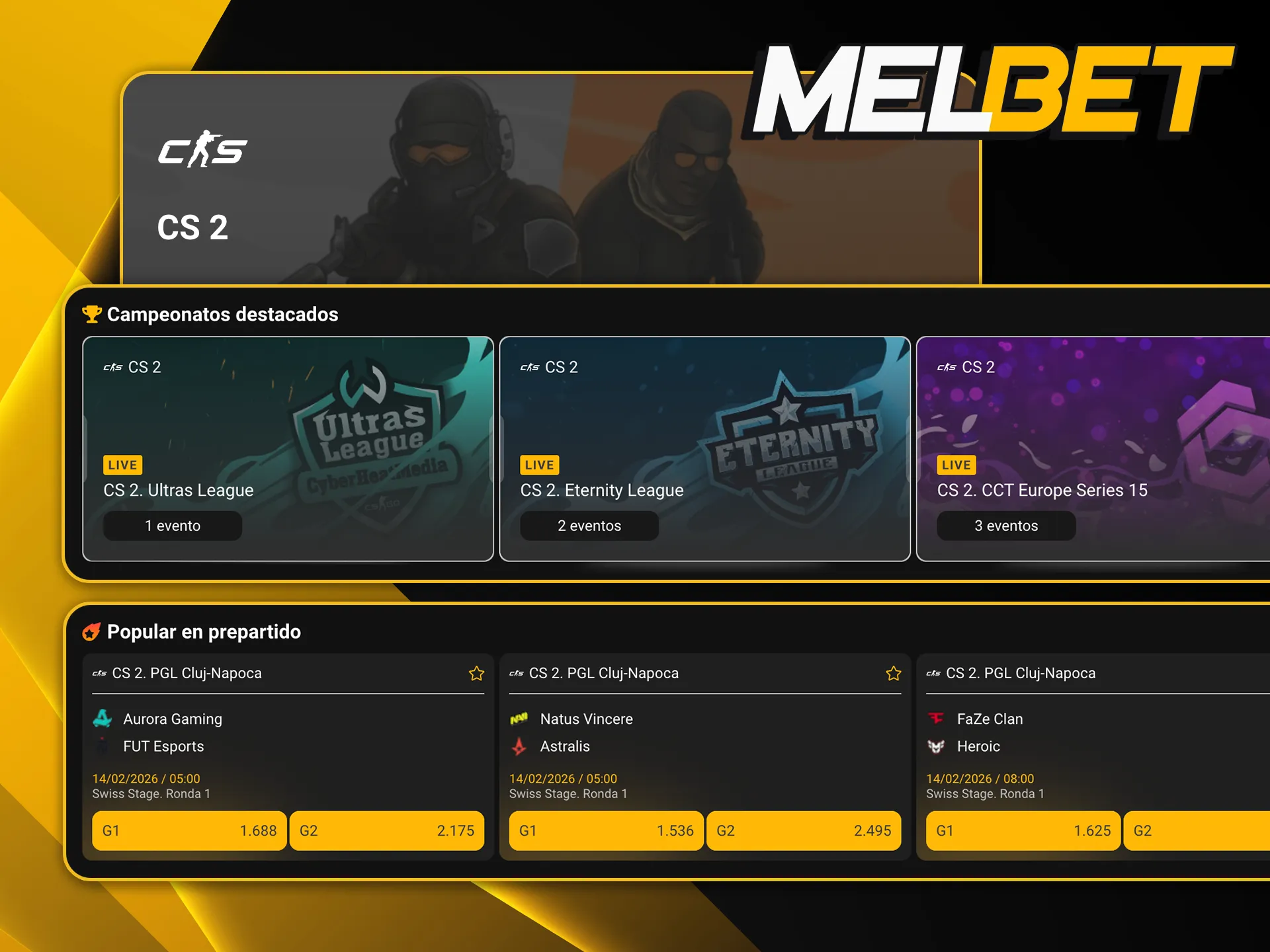 Participá en los mercados de apuestas para los Majors y ligas profesionales de CS2 dentro de Melbet.