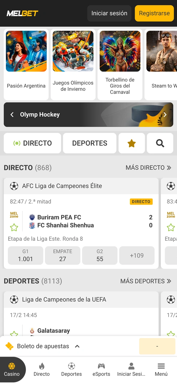 Mirá cómo luce la pantalla principal de Melbet, explorá el menú de navegación y encontrá los eventos más importantes del día.