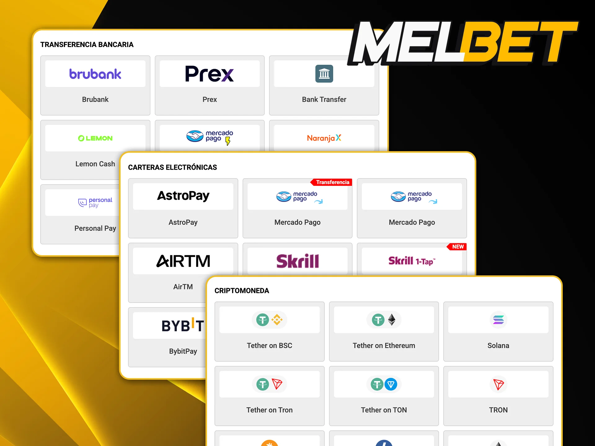 Lista de medios de pago locales, incluyendo billeteras virtuales y transferencias, disponibles en Melbet.