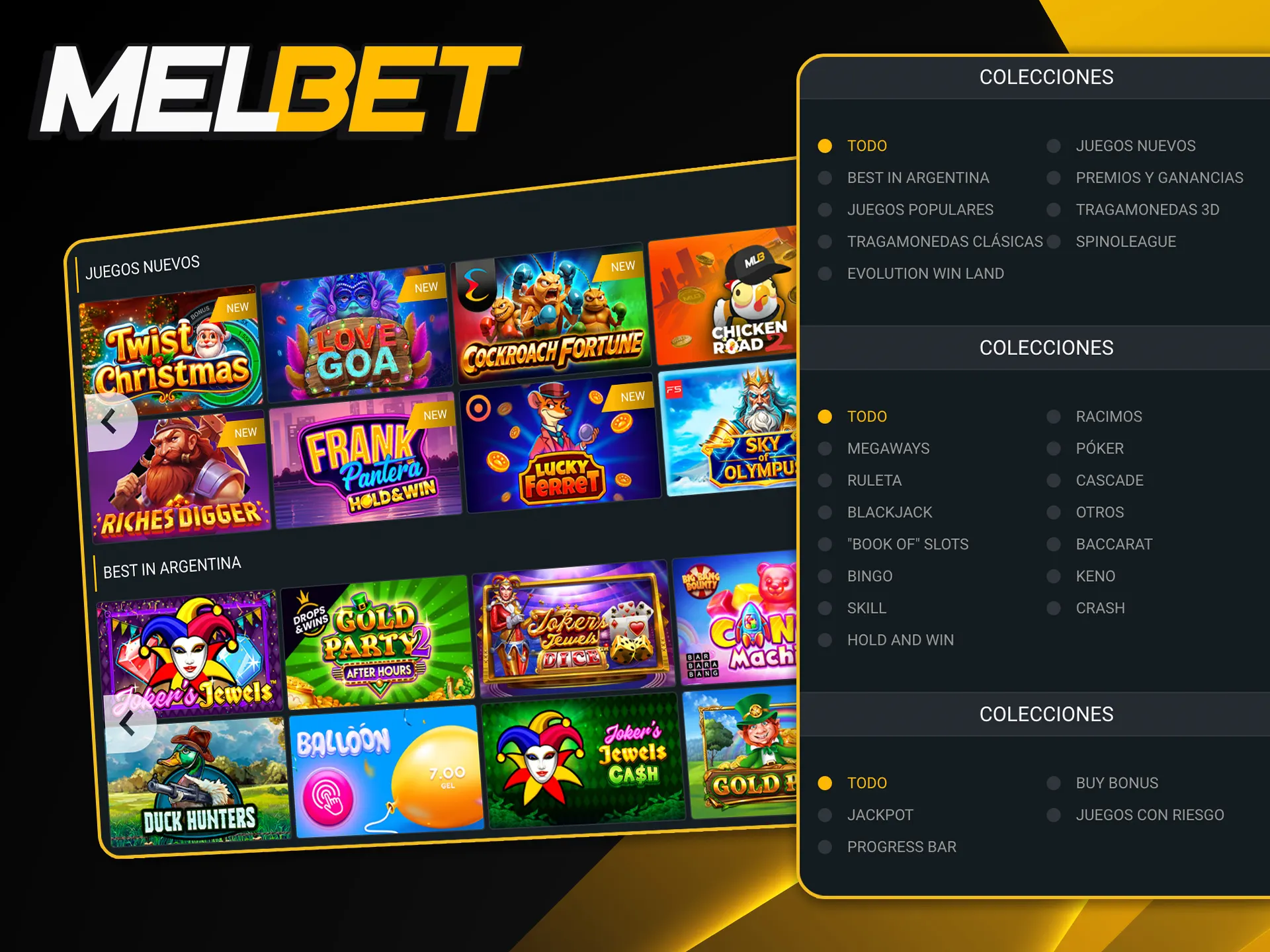 Divertite con miles de títulos de tragamonedas temáticas y clásicas en el casino online de Melbet.