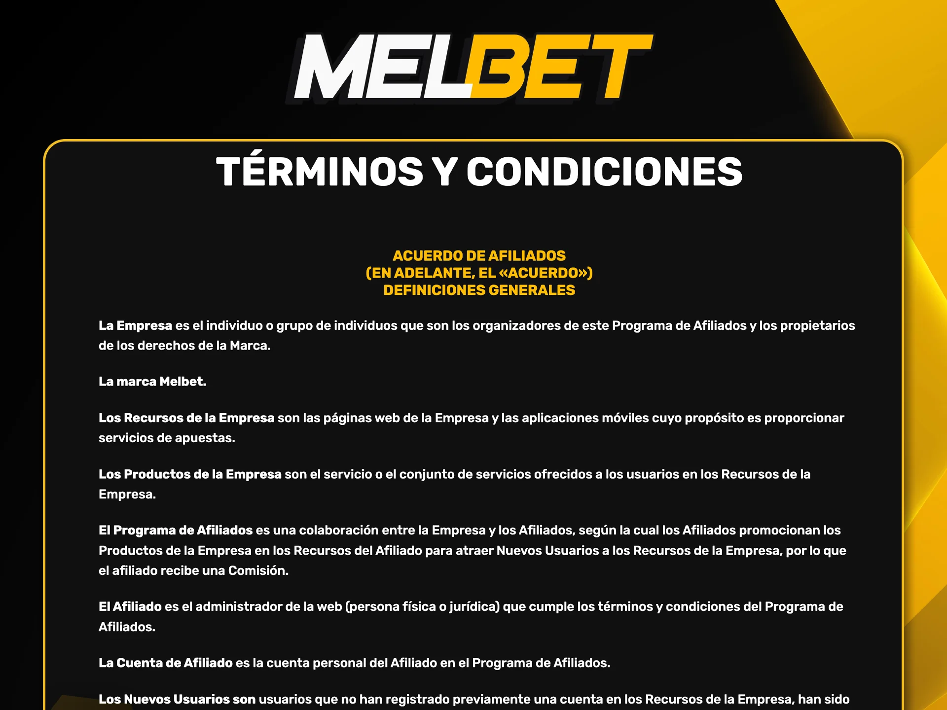 Consultá los términos legales, políticas de tráfico permitido y requisitos para mantener tu cuenta de socio en Melbet.