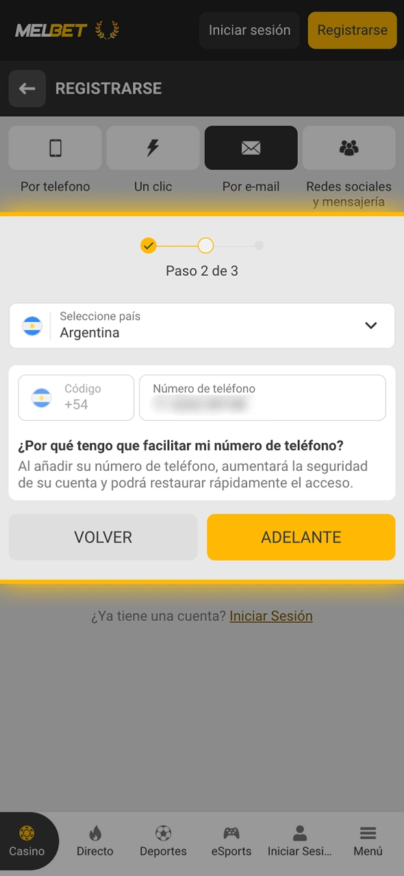 Completá los campos requeridos con tu información real para la base de datos de Melbet.