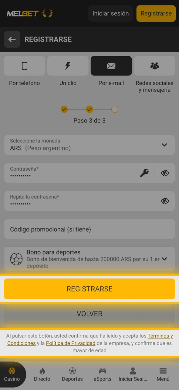 Finalizá el proceso móvil para tener tu perfil de Melbet listo para apostar.