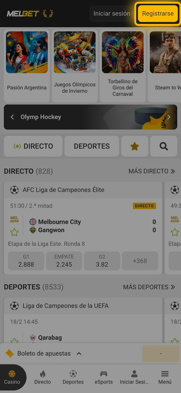 Presioná el botón de alta ubicado en la pantalla de inicio de la app Melbet.