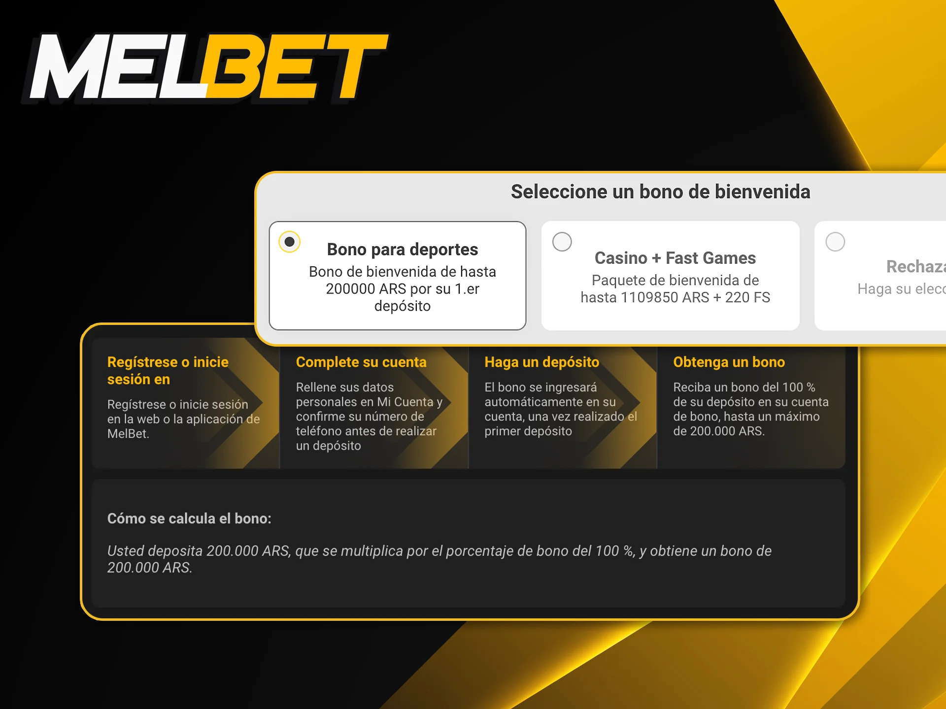 Elegí el bono de deportes de Melbet al momento de completar tu registro oficial.