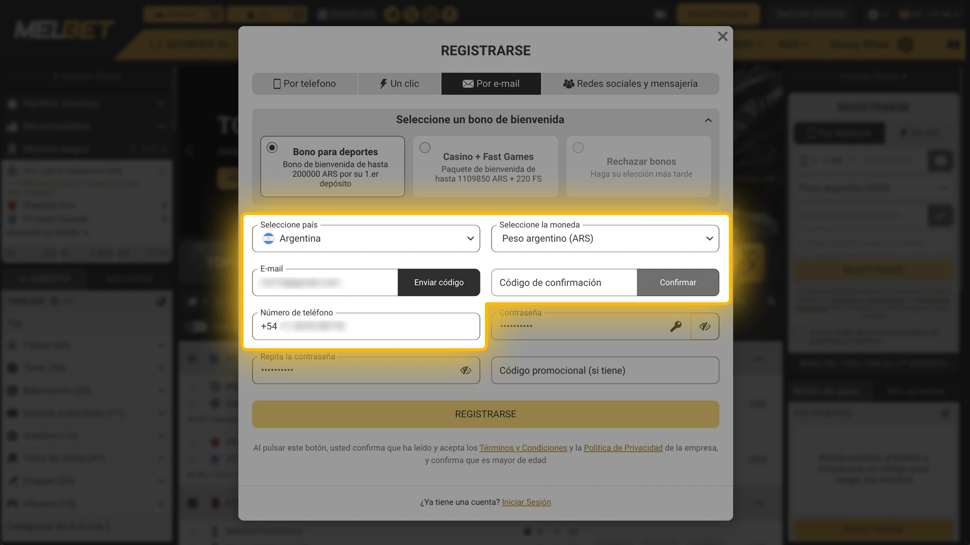 Configurá tu ubicación y elegí pesos argentinos (ARS) como divisa principal en Melbet.