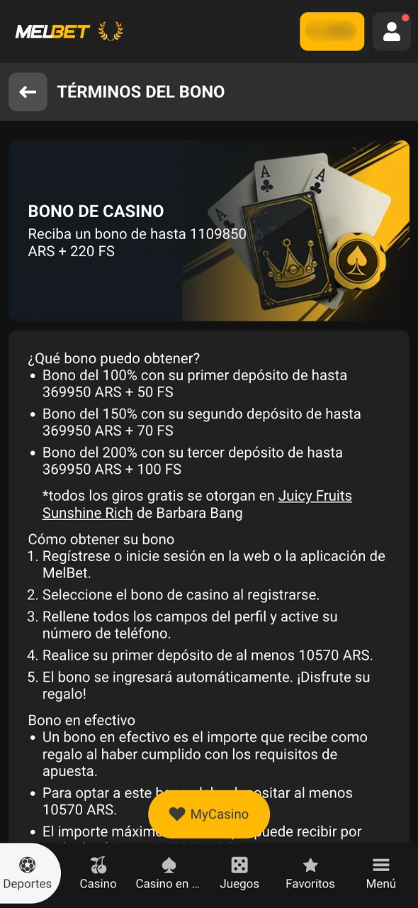 Asegurate de marcar la casilla de aceptación de bonos dentro de tu panel de Melbet.